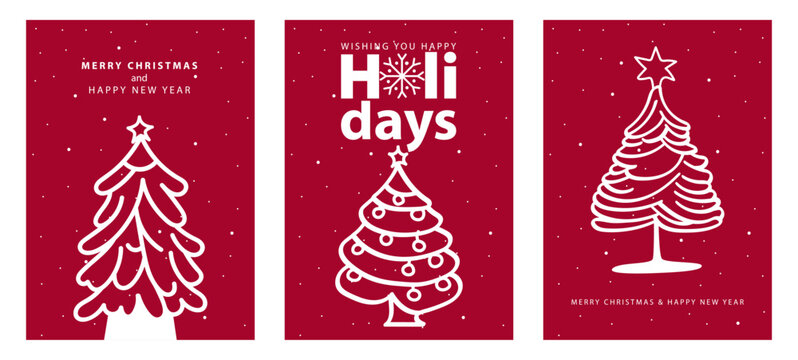 Set of Christmas cards adorned with doodle art illustrations of Christmas trees, vector illustration