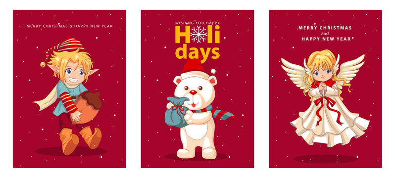 Set of Christmas cards with Christmas cartoon characters, vector illustration