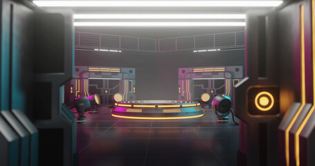 Image of neon gaming features with stage and spot lights spinning on black background