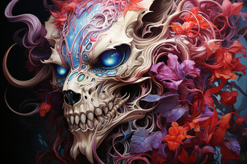 skull of a skeleton, colorful illustration. burning eyes. evil, living dead.