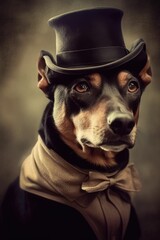 black dog wearing a vintage top hat - in the style of old gentleman portrait