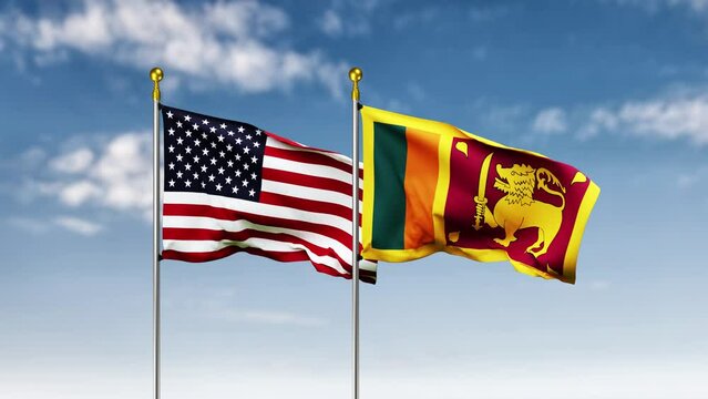USA and sri lanka flag waving on sky background. Highly Detailed Fabric Pattern, 3D Rendering video footage. 4K resolution for celebration, national award, patriotic, social media etc.