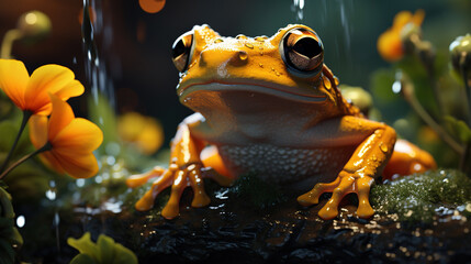 Close Up of A Cute Frog in The Large Rain Forest Vibrant Colorful Blurry Background