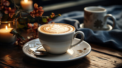 Cup Of Coffee Wooden Table With Flower Vase and Candles Copy Space Blurry Background