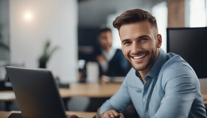 Fototapeta na wymiar Portrait of successful man at workplace inside office, experienced smiling businessman in shirt smile