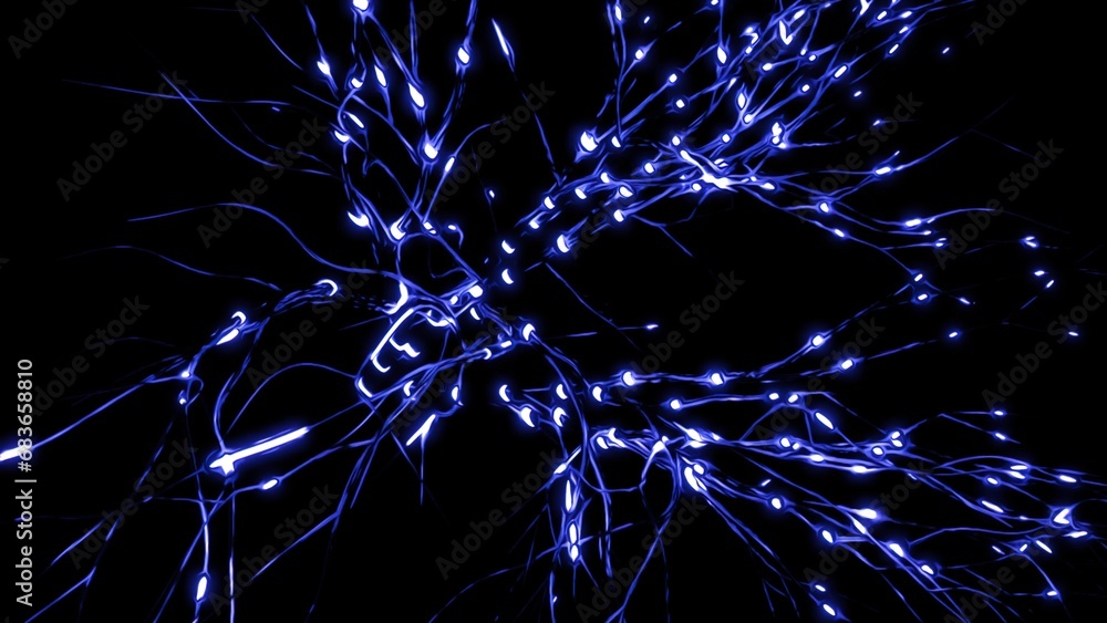 Poster lines of neural connections with bright impulses. design. network of neural lines with flashing puls