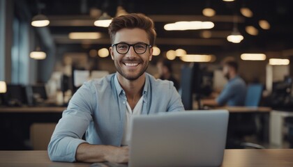Portrait of successful man at workplace inside office, experienced smiling businessman in shirt smile
