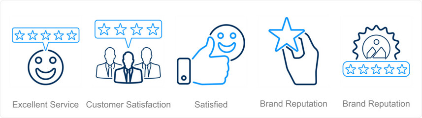 A set of 5 customer service icons as excellent service, customer satisfaction, satisfied