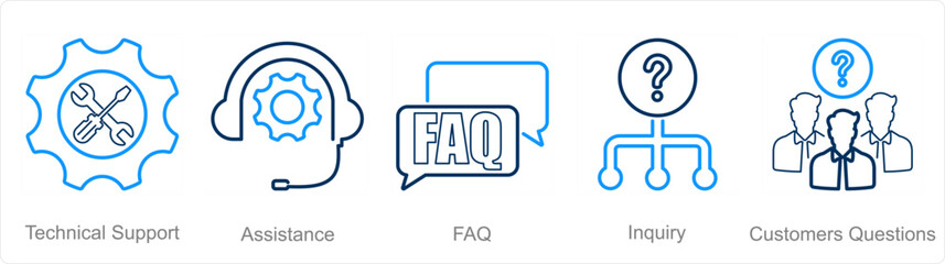 A set of 5 customer service icons as technical support, assistance, faq - obrazy, fototapety, plakaty