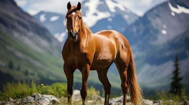 Beautiful Horse On Pasture Against Mountain, Wallpaper Pictures, Background Hd 