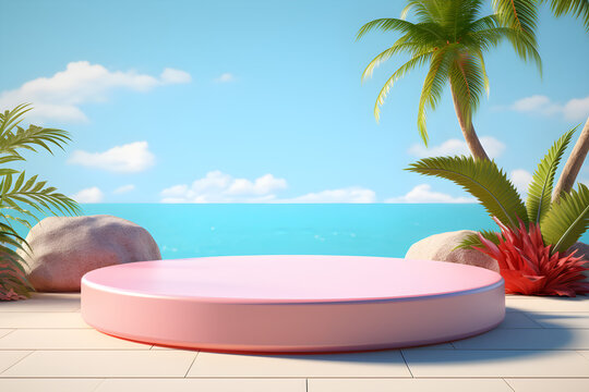 cute 3d render of empty round pedestal on tropical background