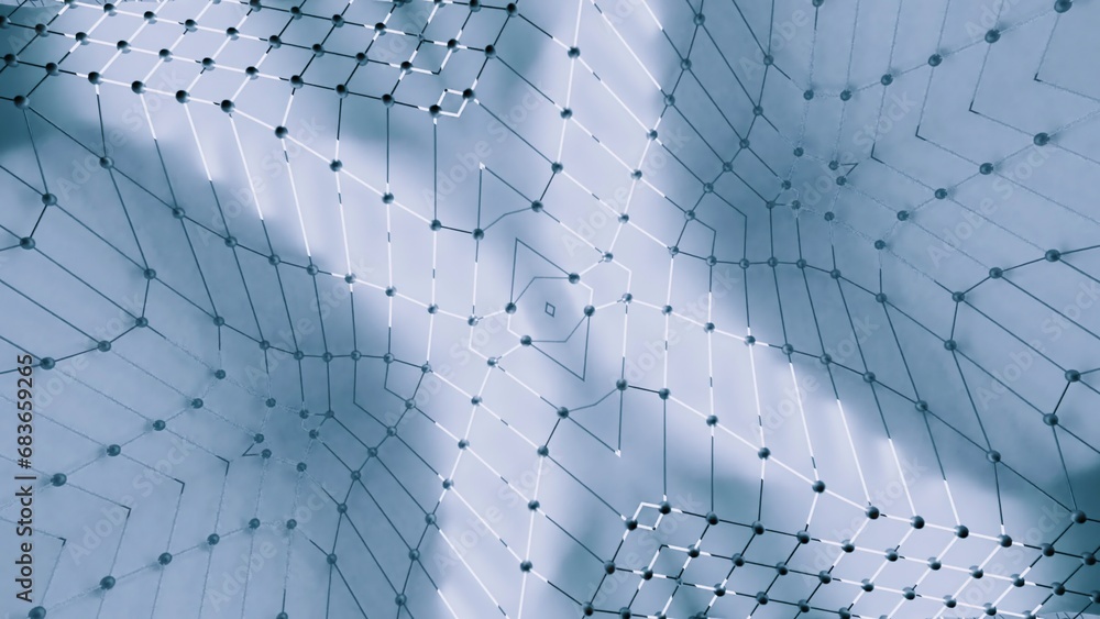 Poster grid moves in waves and with triangular pattern and light. design. grid with dots moving in waves an