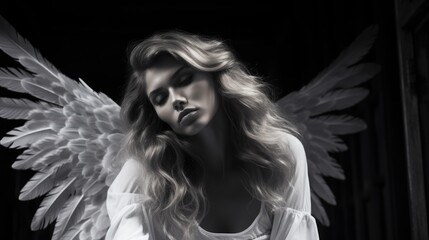 angel - young beautiful woman wearing angel wings and a white dress - black and white fashion photo