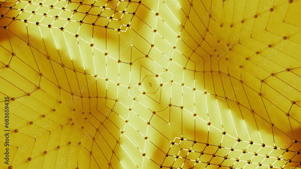 Poster grid moves in waves and with triangular pattern and light. design. grid with dots moving in waves an