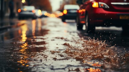 Fototapeta premium Car Driving Through Puddle Heavy Rain, Wallpaper Pictures, Background Hd 