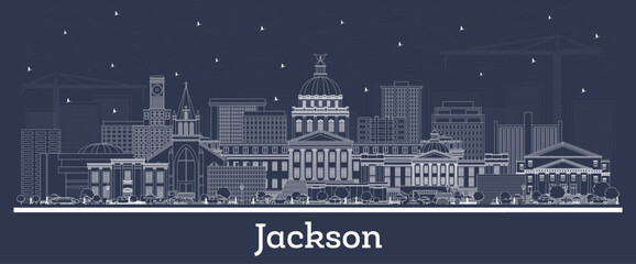 Outline Jackson Mississippi city skyline with white buildings. Business travel and tourism concept with historic architecture. Jackson USA cityscape with landmarks.