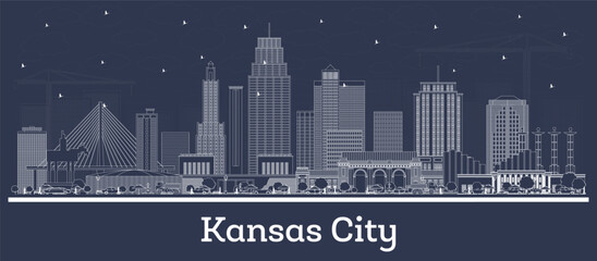 Outline Kansas City Missouri city skyline with white buildings. Business travel and tourism concept with historic architecture. Kansas City USA cityscape with landmarks. - obrazy, fototapety, plakaty