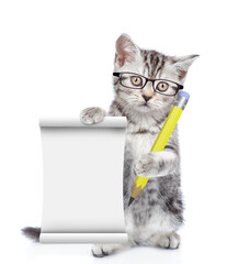 Cute kitten wearing eyeglasses standing on hind legs, holds the pen and showing empty list. isolated on white background