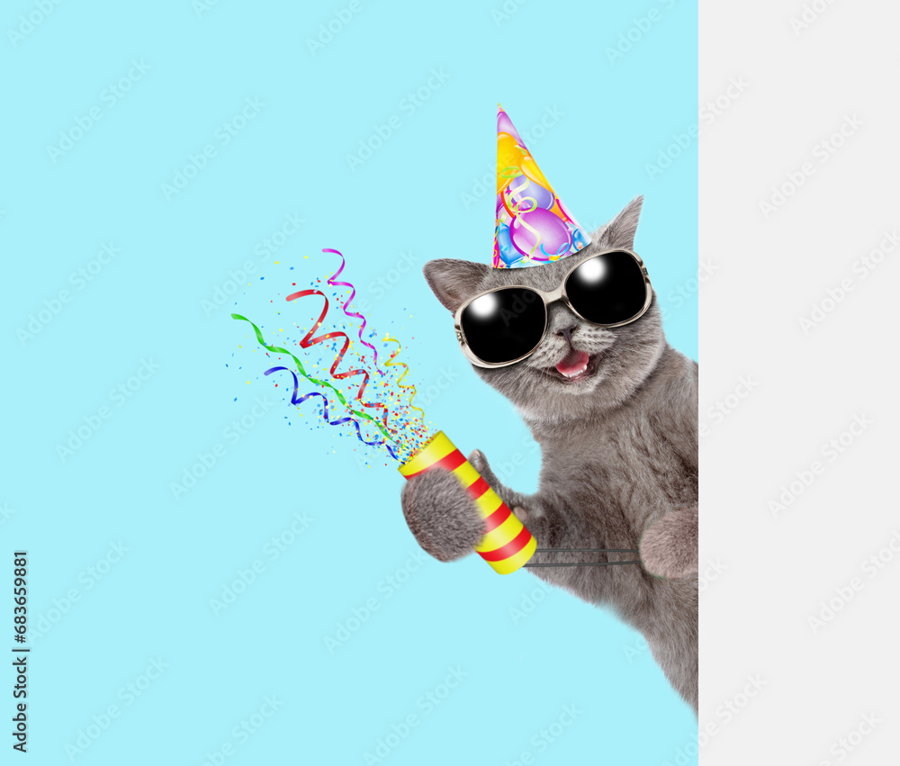 Aufkleber Happy cat wearing sunglasses and party cap holds exploding firecracker and looks from behind empty white banner. Isolated on blue background