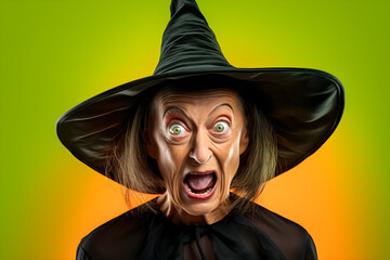 funny studio portrait of woman wearing witch costume