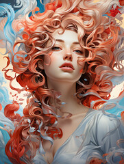 stunningly beautiful young woman, a girl, with flowing blond curly hair. feminine image.