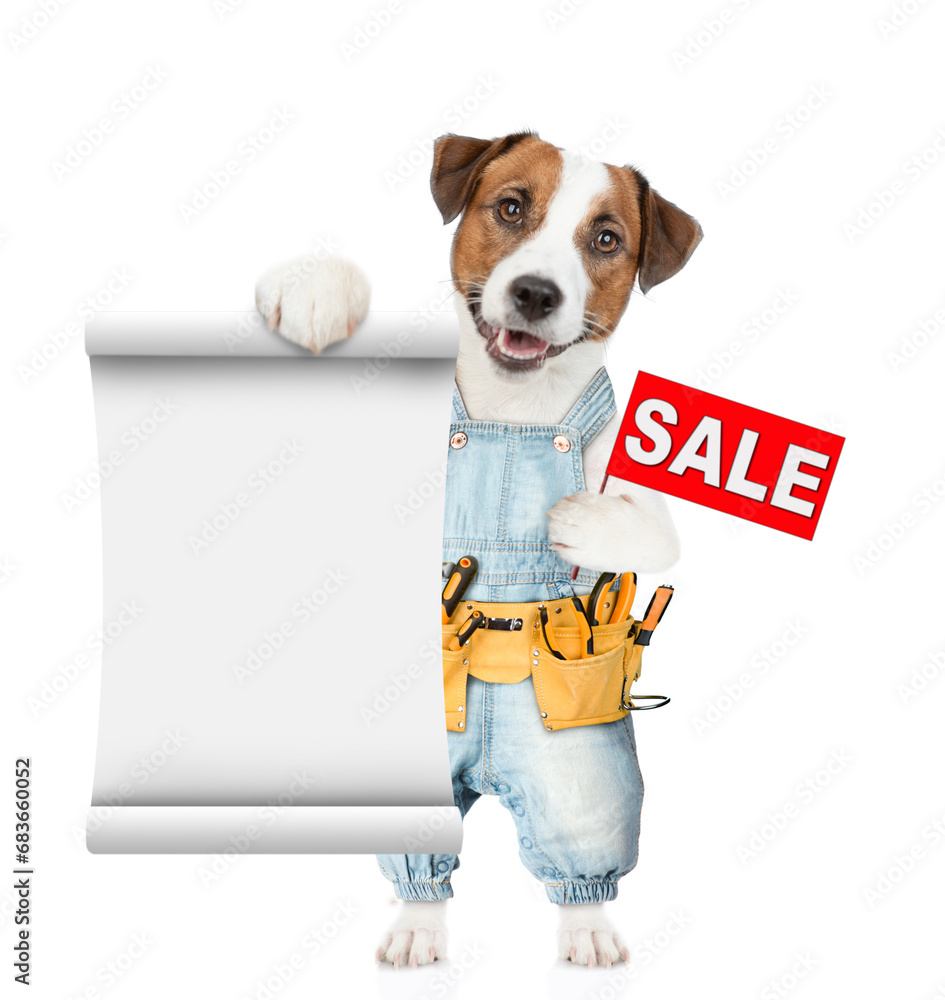 Poster Funny puppy wearing denim overalls with tool belt shows empty list and signboard with labeled 