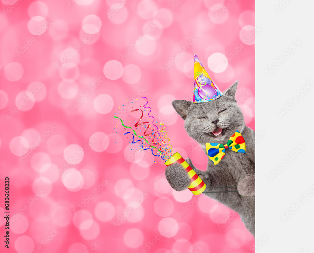 Aufkleber Happy cat wearing party cap holds exploding firecracker and looks from behind empty white banner on festive background