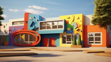 Colorful Preschool Building Exterior with Playful Educational Murals, Ideal for Childcare and Learning Concepts