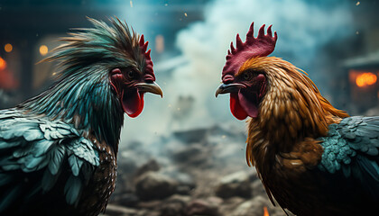 Recreation of two roosters angry facing each other. Artificial Intelligence	