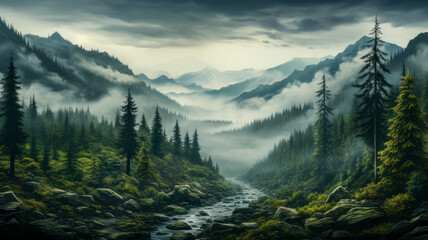 Landscape of Misty Forest and Mountain Range in Nature