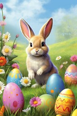 Easter bunny with colorful eggs on the meadow with flowers.