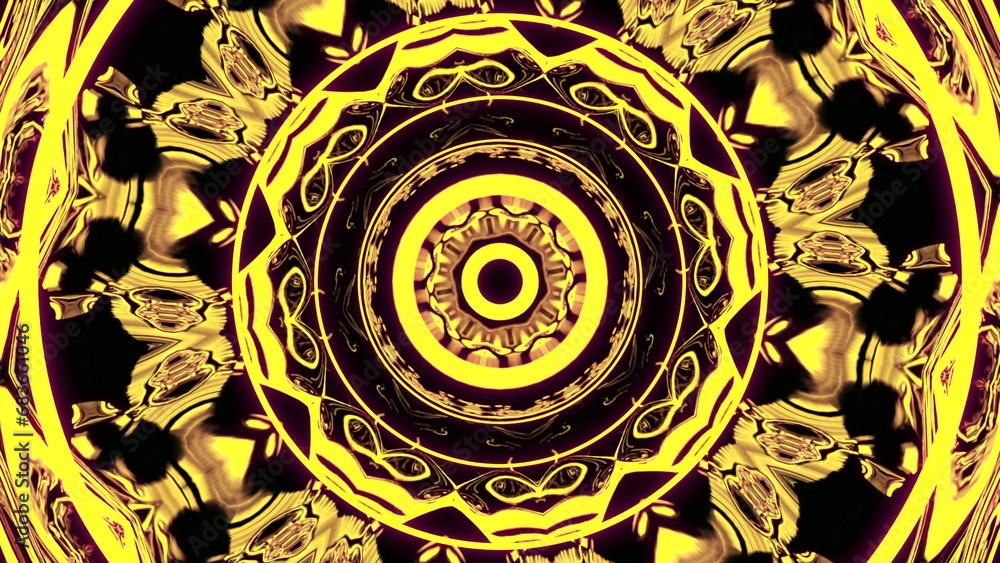 Poster hypnotic pattern with bright neon circles in stream. design. neon glowing pattern in stream with rin