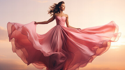 Young woman in bright pink wavy dress, Fashionable young woman dancing in long designer pink dress, copy space, Valentine day, 8 March, International Women Day - Powered by Adobe