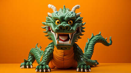Colorful Dragon Sculpture Against Orange Background, green dragon sculpture, captured with its...