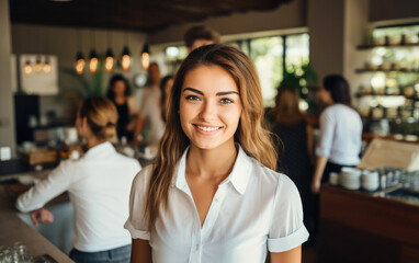 Smiling young and attractive saleswoman, cashier serving customers