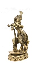 golden statue of lord krishna crafted with details, an avatar of vishnu, playing flute music near a cow in a dancing position, isolated in a white background