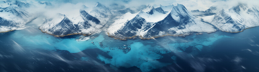 Angle photography of Norwegian fjords, surrounded by snow - capped mountains, banner - obrazy, fototapety, plakaty