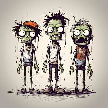 3 funny zombie characters, funny art with simple lines on white background