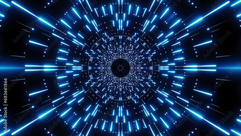 Poster flashing neon spaceship tunnel. design. bright flashing beams in moving cyber tunnel. luminous rays 