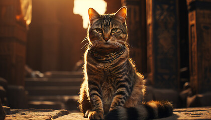 Recreation of a cat in ancient age in a old  ruins temple - obrazy, fototapety, plakaty