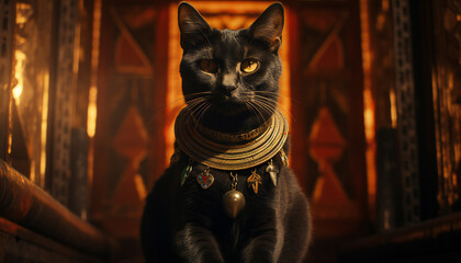 Recreation of a black cat with a ancient necklace in a historical temple - obrazy, fototapety, plakaty