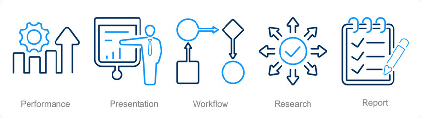 A set of 5 data analytics icons as performance, presentation, workflow