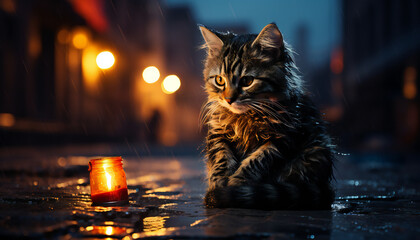 Recreation of a cute cat staring a candle in a wet street - obrazy, fototapety, plakaty