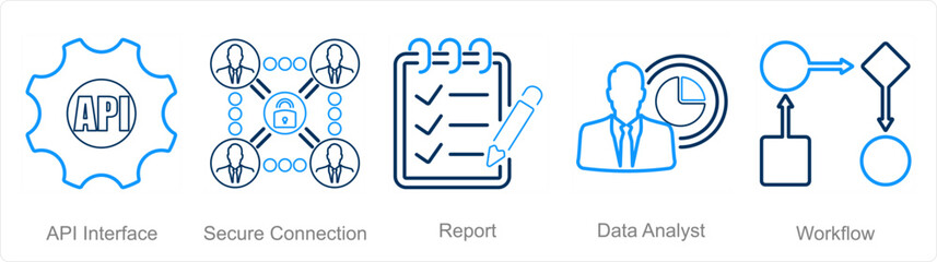 A set of 5 data analytics icons as api interface, secure connection, report