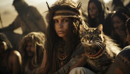 Recreation of girl and her cat of a ancient time or culture - obrazy, fototapety, plakaty
