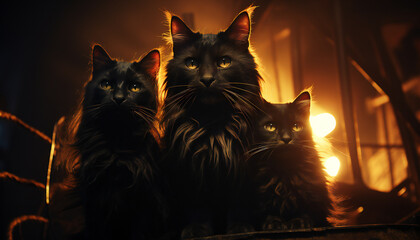 Recreation of black cat mom and her black kittens. Artificial intelligence	 - obrazy, fototapety, plakaty