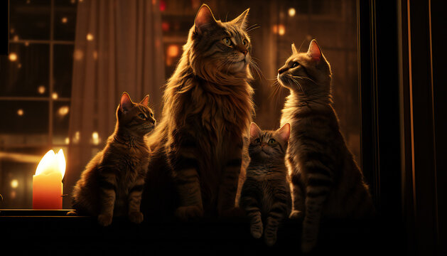 Recreation of a cute cats family. Artificial intelligence