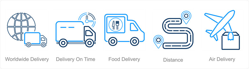 A set of 5 delivery icons as worldwide delivery, delivery on time, food delivery