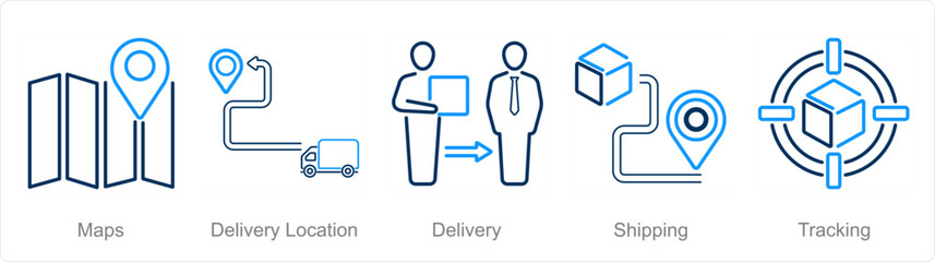 A set of 5 delivery icons as maps, delivery location, delivery