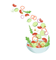 Salad of tomatoes, cucumbers, arugula, red onions, green olives, dill and mustard seeds. Flying lettuce slices. Flat design.